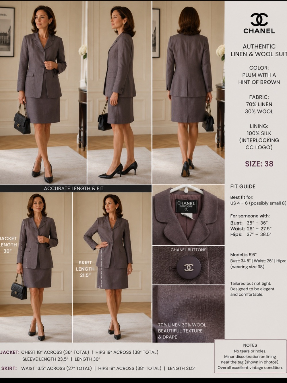 Auth CHANEL SUIT 100% Linen Jacket & Skirt size 38